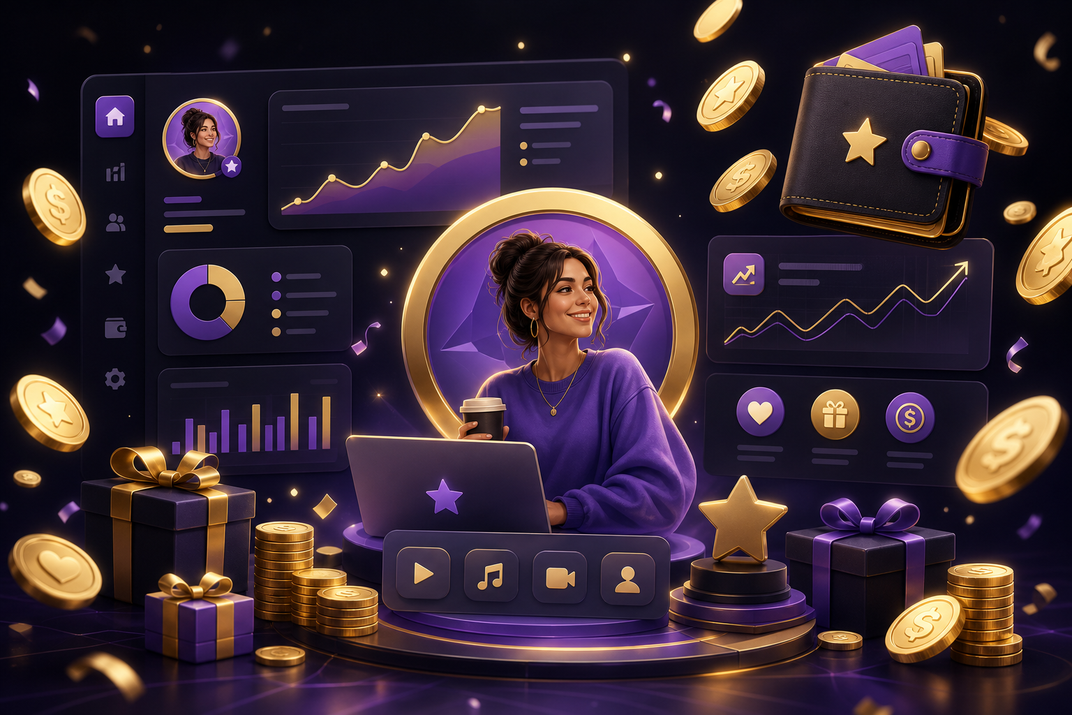 StreamLux creator monetization — coins, gifts, and earnings dashboard concept