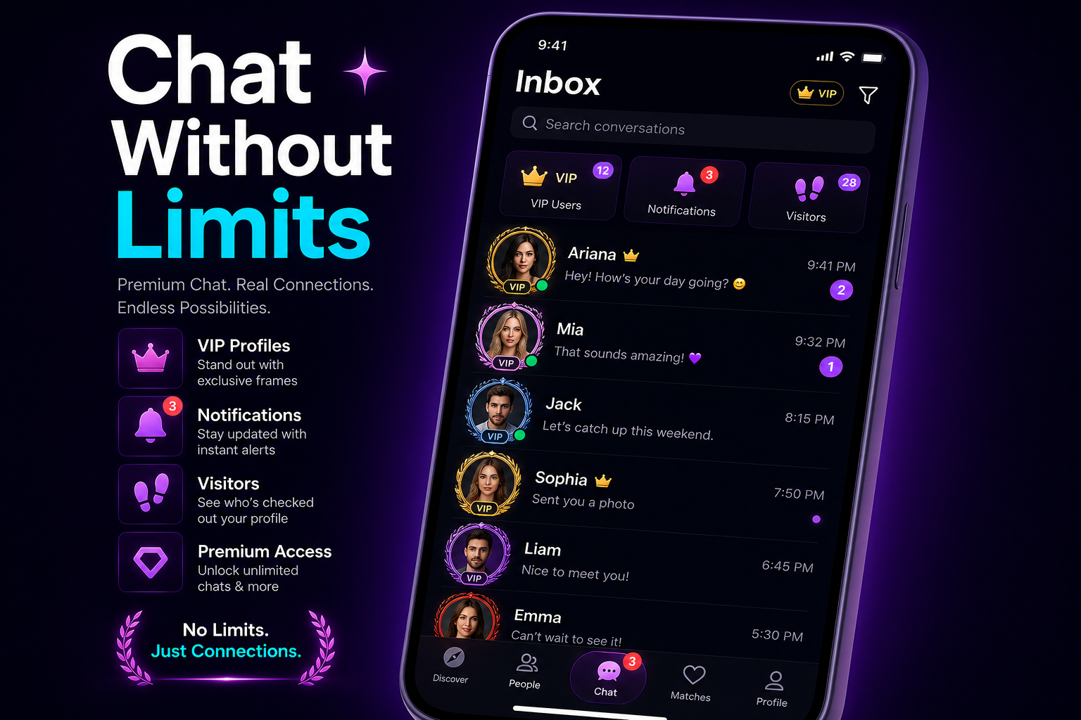 Chat Without Limits — inbox with DMs and notifications