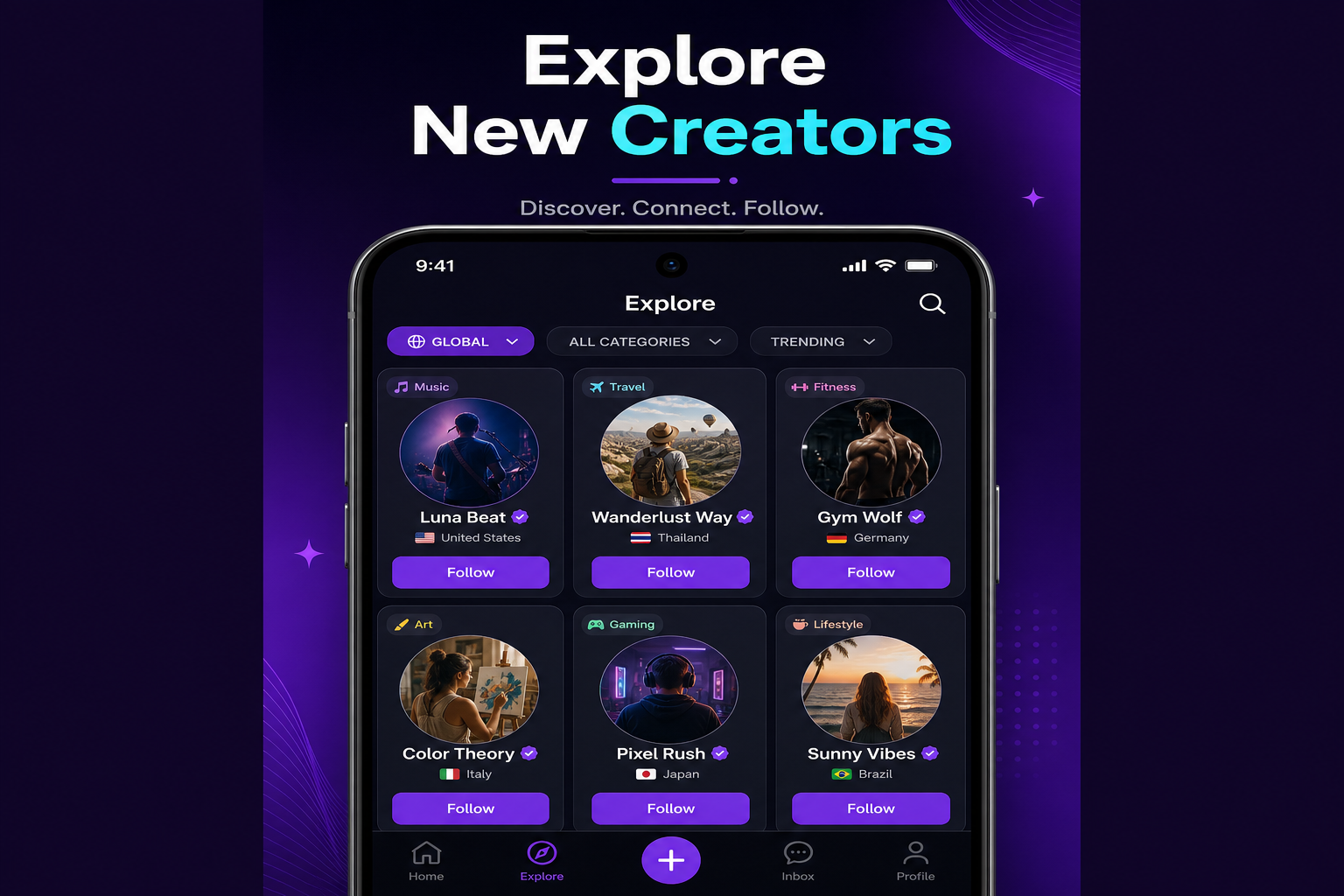 Explore New Creators — global creator grid with follow and video call